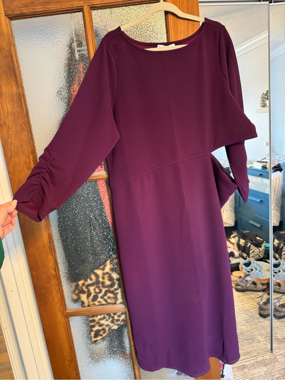Elegant Plum Midi Dress with Ruched Sleeves